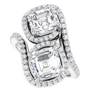 14K White Gold 7 mm Asscher Two-Stone Halo-Style Bypass Accented Engagement Ring. 123107:435:P