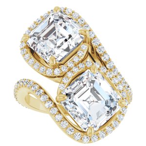 14K Yellow Gold 8 mm Asscher Two-Stone Halo-Style Bypass Accented Engagement Ring. 123107:451:P