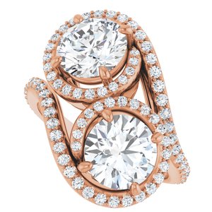 14K Rose Gold 7.4 mm Round Two-Stone Halo-Style Bypass Accented Engagement Ring. 123107:239:P