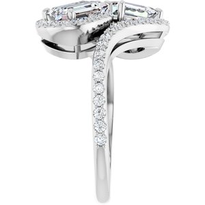 14K White Gold 7x5 mm Emerald Two-Stone Halo-Style Bypass Accented Engagement Ring. 123107:480:P