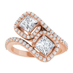 14K Rose Gold 4.5 mm Square Two-Stone Halo-Style Bypass Accented Engagement Ring. 123107:554:P