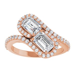 14K Rose Gold 6x4 mm Emerald Two-Stone Halo-Style Bypass Accented Engagement Ring. 123107:464:P