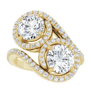 14K Yellow Gold 7 mm Round Two-Stone Halo-Style Bypass Accented Engagement Ring. 123107:226:P