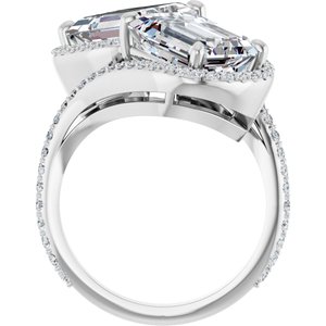 14K White Gold 10x8 mm Emerald Two-Stone Halo-Style Bypass Accented Engagement Ring. 123107:525:P