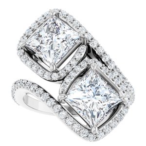 14K White Gold 6.5 mm Square Two-Stone Halo-Style Bypass Accented Engagement Ring. 123107:615:P