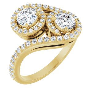 14K Yellow Gold 4.8 mm Round Two-Stone Halo-Style Bypass Accented Engagement Ring. 123107:136:P