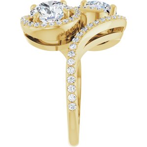 14K Yellow Gold 7 mm Round Two-Stone Halo-Style Bypass Accented Engagement Ring. 123107:226:P