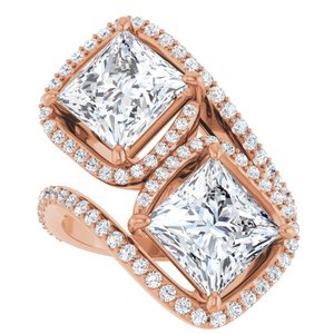 14K Rose Gold 7.5 mm Square Two-Stone Halo-Style Bypass Accented Engagement Ring. 123107:644:P