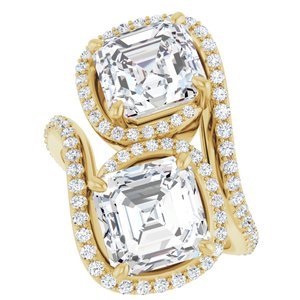14K Yellow Gold 8 mm Asscher Two-Stone Halo-Style Bypass Accented Engagement Ring. 123107:451:P