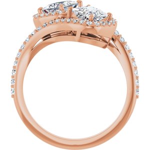 14K Rose Gold 4.5 mm Square Two-Stone Halo-Style Bypass Accented Engagement Ring. 123107:554:P