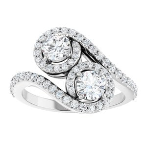 14K White Gold 4.4 mm Round Two-Stone Halo-Style Bypass Accented Engagement Ring. 123107:120:P