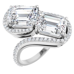 14K White Gold 10x8 mm Emerald Two-Stone Halo-Style Bypass Accented Engagement Ring. 123107:525:P
