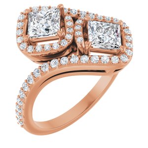 14K Rose Gold 4.5 mm Square Two-Stone Halo-Style Bypass Accented Engagement Ring. 123107:554:P