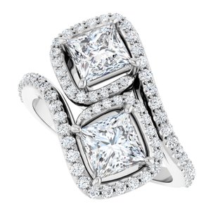14K White Gold 5 mm Square Two-Stone Halo-Style Bypass Accented Engagement Ring. 123107:570:P