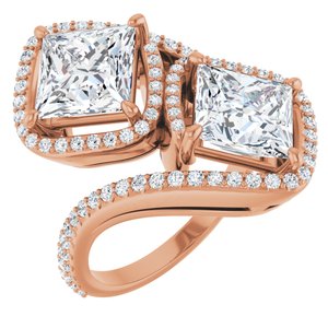14K Rose Gold 7.5 mm Square Two-Stone Halo-Style Bypass Accented Engagement Ring. 123107:644:P