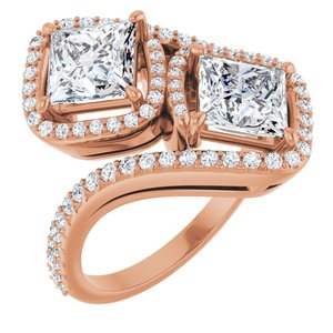 14K Rose Gold 6 mm Square Two-Stone Halo-Style Bypass Accented Engagement Ring. 123107:599:P