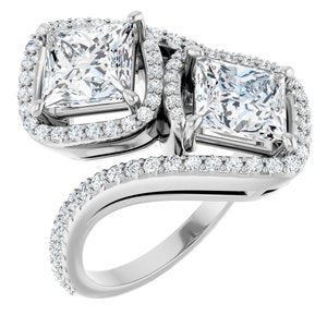 14K White Gold 6.5 mm Square Two-Stone Halo-Style Bypass Accented Engagement Ring. 123107:615:P