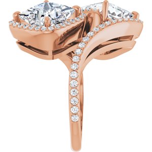 14K Rose Gold 7.5 mm Square Two-Stone Halo-Style Bypass Accented Engagement Ring. 123107:644:P