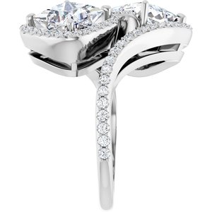 14K White Gold 6.5 mm Square Two-Stone Halo-Style Bypass Accented Engagement Ring. 123107:615:P