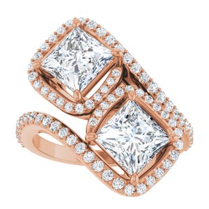 14K Rose Gold 6 mm Square Two-Stone Halo-Style Bypass Accented Engagement Ring. 123107:599:P