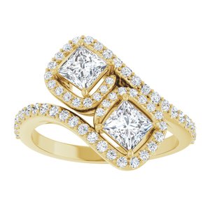 14K Yellow Gold 4 mm Square Two-Stone Halo-Style Bypass Accented Engagement Ring. 123107:541:P
