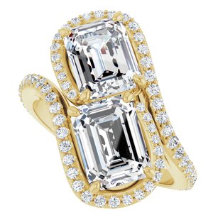 14K Yellow Gold 8x6 mm Emerald Two-Stone Halo-Style Bypass Accented Engagement Ring. 123107:496:P