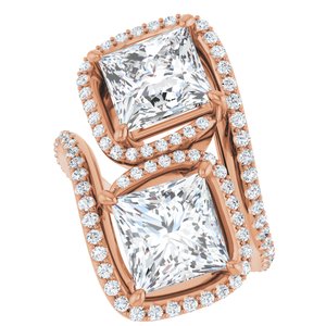 14K Rose Gold 7.5 mm Square Two-Stone Halo-Style Bypass Accented Engagement Ring. 123107:644:P