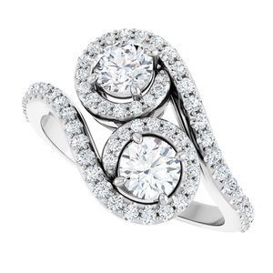 14K White Gold 4.4 mm Round Two-Stone Halo-Style Bypass Accented Engagement Ring. 123107:120:P