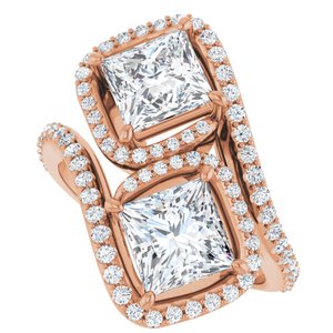 14K Rose Gold 6 mm Square Two-Stone Halo-Style Bypass Accented Engagement Ring. 123107:599:P