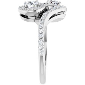 14K White Gold 4.4 mm Round Two-Stone Halo-Style Bypass Accented Engagement Ring. 123107:120:P