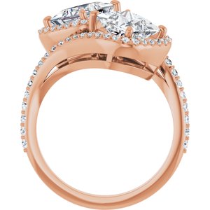 14K Rose Gold 6 mm Square Two-Stone Halo-Style Bypass Accented Engagement Ring. 123107:599:P