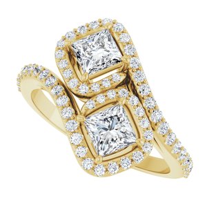 14K Yellow Gold 4 mm Square Two-Stone Halo-Style Bypass Accented Engagement Ring. 123107:541:P