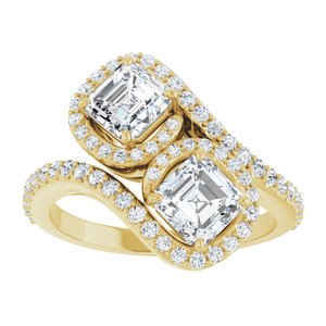 14K Yellow Gold 5 mm Asscher Two-Stone Halo-Style Bypass Accented Engagement Ring. 123107:406:P