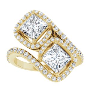 14K Yellow Gold 5.5 mm Square Two-Stone Halo-Style Bypass Accented Engagement Ring. 123107:586:P