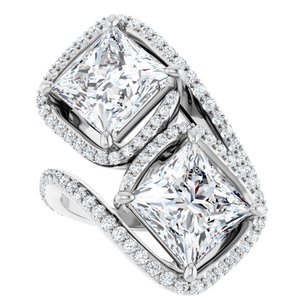 14K White Gold 8 mm Square Two-Stone Halo-Style Bypass Accented Engagement Ring. 123107:660:P