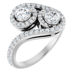 14K White Gold 4.4 mm Round Two-Stone Halo-Style Bypass Accented Engagement Ring. 123107:120:P
