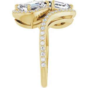 14K Yellow Gold 8x6 mm Emerald Two-Stone Halo-Style Bypass Accented Engagement Ring. 123107:496:P