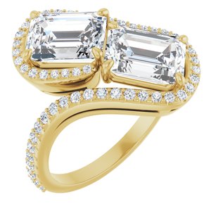 14K Yellow Gold 8x6 mm Emerald Two-Stone Halo-Style Bypass Accented Engagement Ring. 123107:496:P