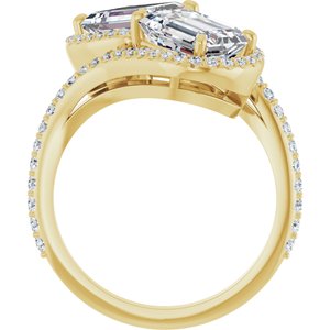 14K Yellow Gold 8x6 mm Emerald Two-Stone Halo-Style Bypass Accented Engagement Ring. 123107:496:P