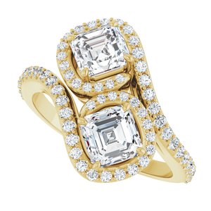 14K Yellow Gold 5 mm Asscher Two-Stone Halo-Style Bypass Accented Engagement Ring. 123107:406:P
