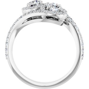 14K White Gold 4.4 mm Round Two-Stone Halo-Style Bypass Accented Engagement Ring. 123107:120:P