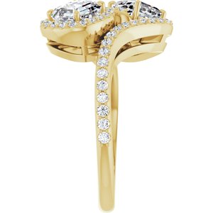 14K Yellow Gold 5 mm Asscher Two-Stone Halo-Style Bypass Accented Engagement Ring. 123107:406:P