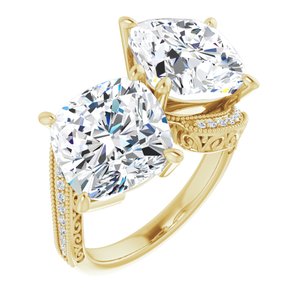 14K Yellow Gold 10 mm Cushion Two-Stone Accented Engagement Ring. 123121:826:P