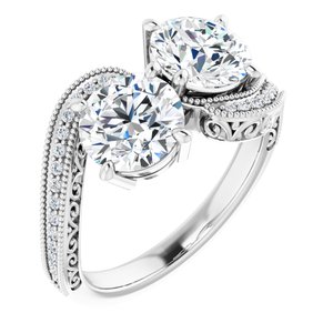 14K White Gold 7 mm Round Two-Stone Accented Engagement Ring. 123121:540:P