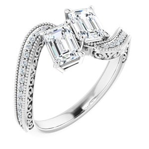 14K White Gold 6x4 mm Emerald Two-Stone Accented Engagement Ring. 123121:945:P