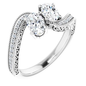 14K White Gold 6x4 mm Oval Two-Stone Accented Engagement Ring. 123121:675:P