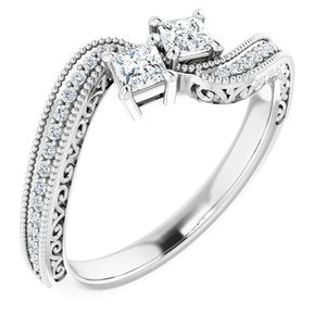 14K White Gold 2.8x2.8 mm Square Two-Stone Accented Engagement Ring. 123121:1035:P