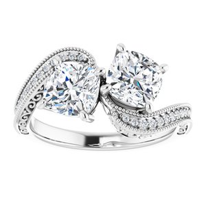14K White Gold 6 mm Cushion Two-Stone Accented Engagement Ring. 123121:765:P