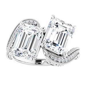 14K White Gold 9x7 mm Emerald Two-Stone Accented Engagement Ring. 123121:990:P