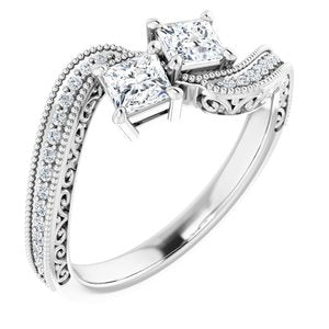14K White Gold 3.5 mm Square Two-Stone Accented Engagement Ring. 123121:1080:P
